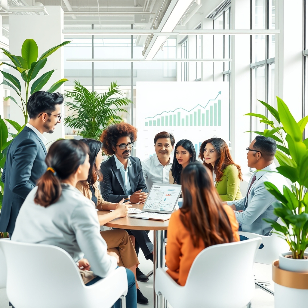 An illustration depicting a diverse group of professionals discussing sustainable finance strategies in a modern office setting, with green plants and charts showing upward trends in the background.