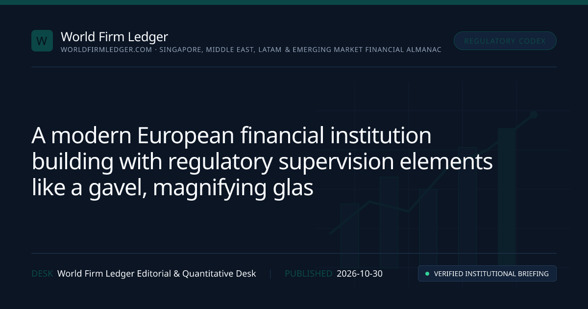 An illustration depicting a modern European financial institution building with a focus on regulatory supervision, featuring elements like a gavel, a magnifying glass, and a digital screen displaying financial data, all set against a backdrop of the European Union flag.