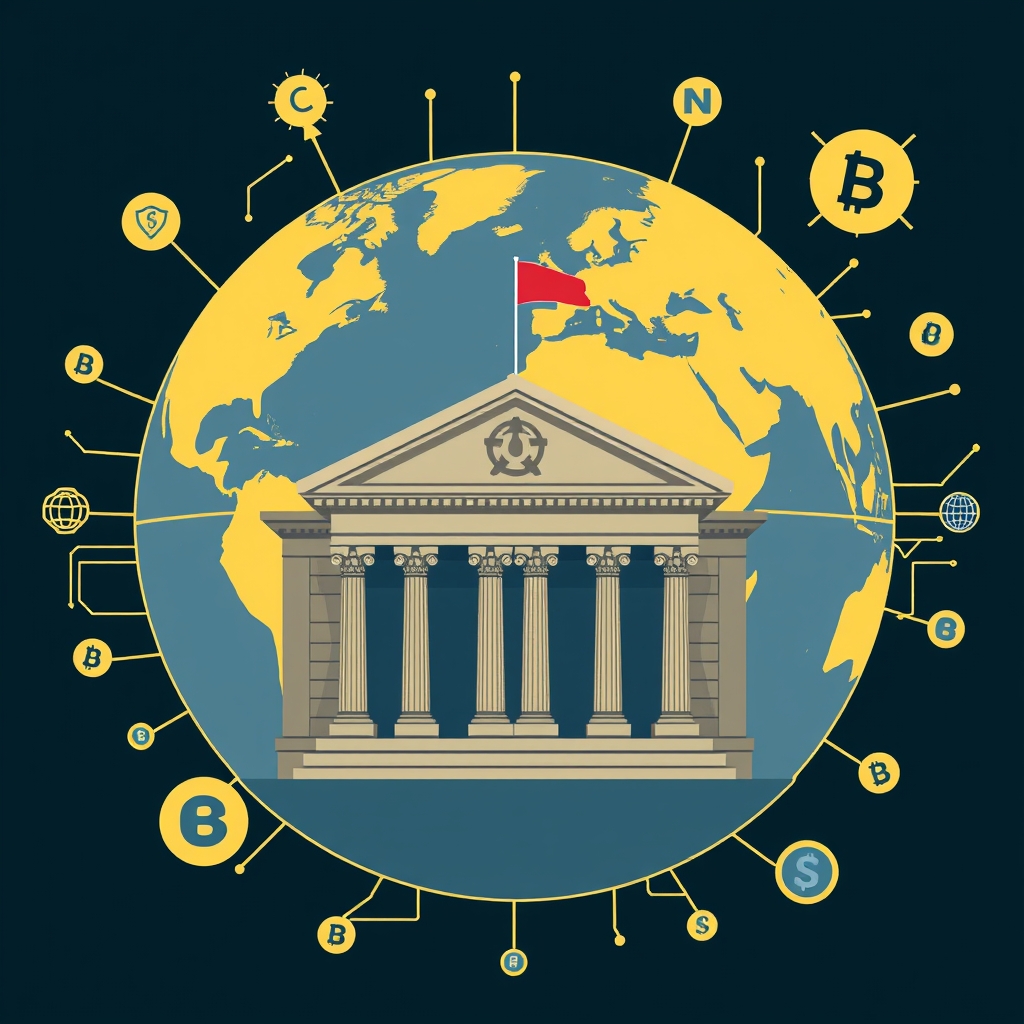 An illustration depicting a central bank building with a backdrop of a globe showing geopolitical tensions, such as conflict zones and trade routes, alongside symbols of technology like circuit boards and digital currency icons.