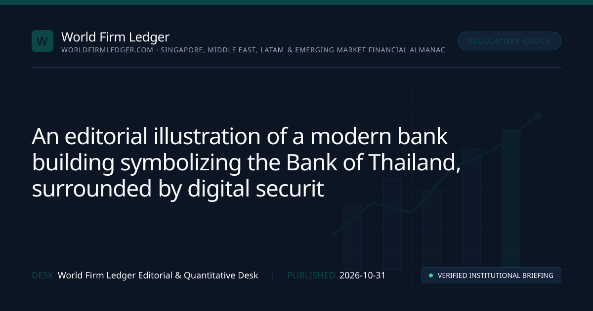 An illustration depicting a secure digital environment with a stylized bank building representing the Bank of Thailand, surrounded by digital locks and cybersecurity symbols, conveying the theme of digital safety.