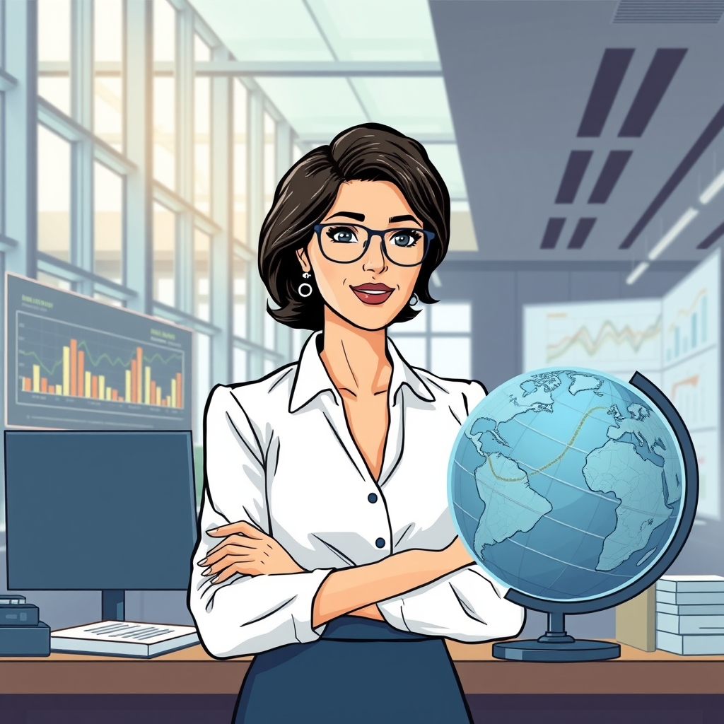 A professional portrait of Chiara Scotti, Deputy Governor of the Bank of Italy, standing confidently in an office setting with financial charts and a globe in the background, symbolizing the transition of the monetary system.